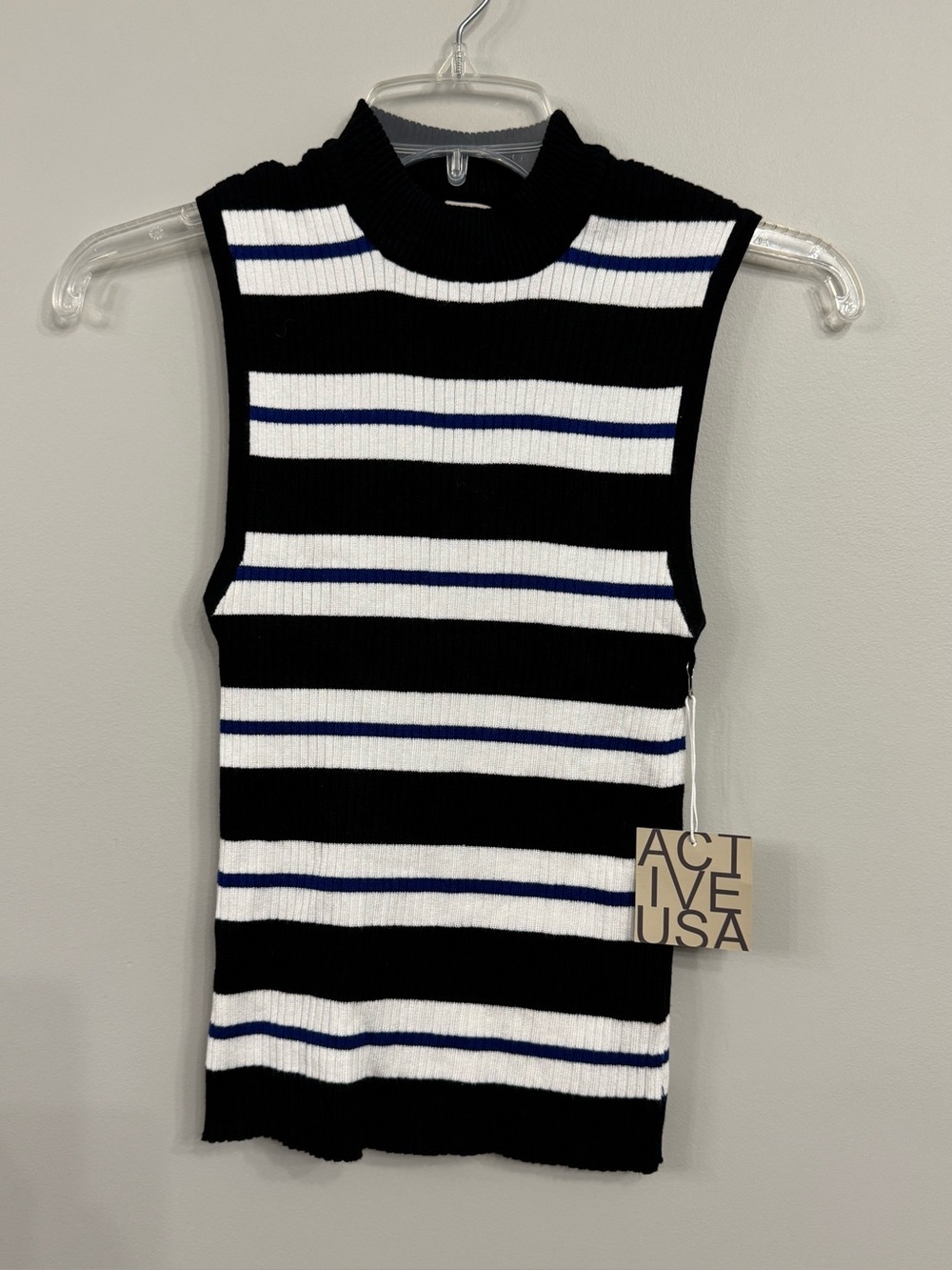 Active USA Mock Neck Striped Ribbed Tank Top.  Black blue and white NWT large